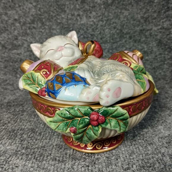 Fitz And Floyd Christmas Cat Trinket Box Porcelain Holiday Kitten Lid Candy Dish - Picture 4 of 11